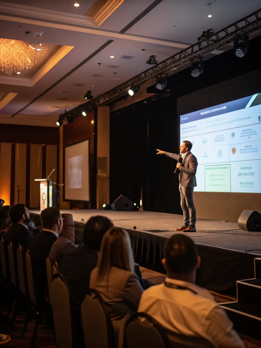 A professional presenting a new technology product at an industry conference, showcasing the importance of effective communication and market positioning in the tech sector.
