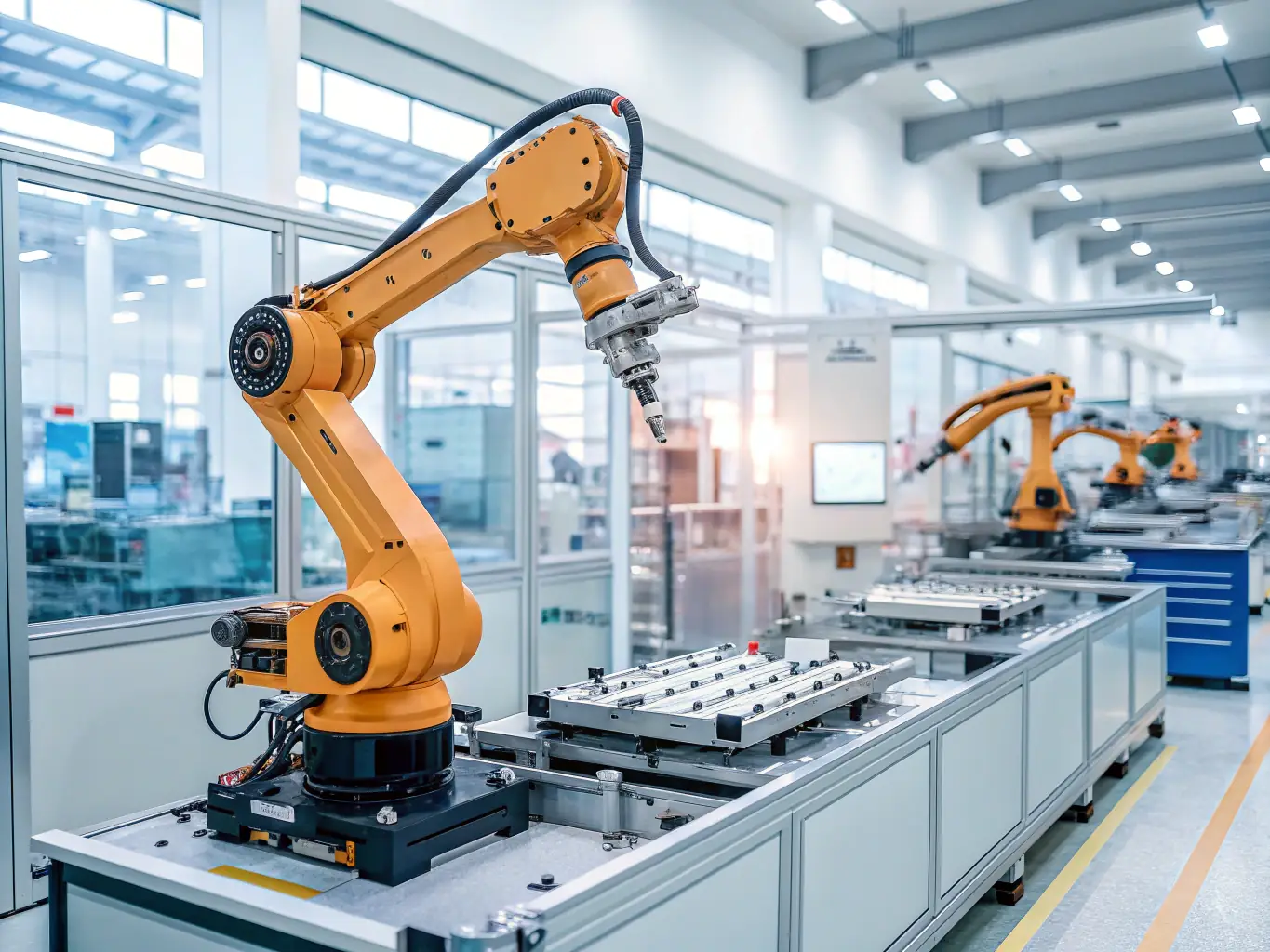 An automated factory floor with robotic arms assembling products, representing the efficiency and precision of industrial automation in modern manufacturing.