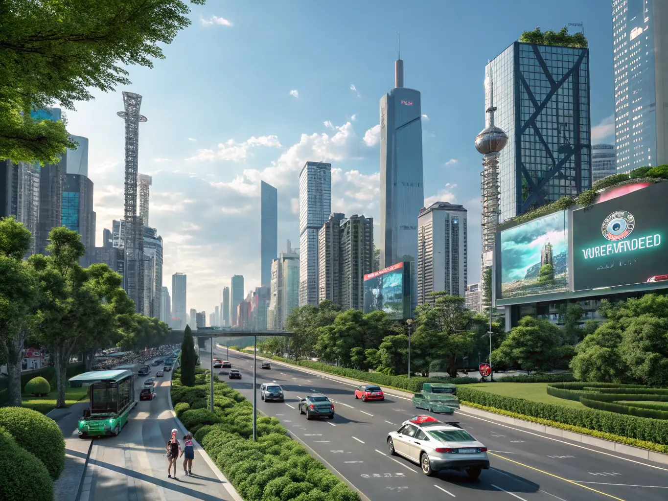 A futuristic cityscape with robots and AI interfaces, symbolizing the integration of artificial intelligence in urban environments and industrial applications.