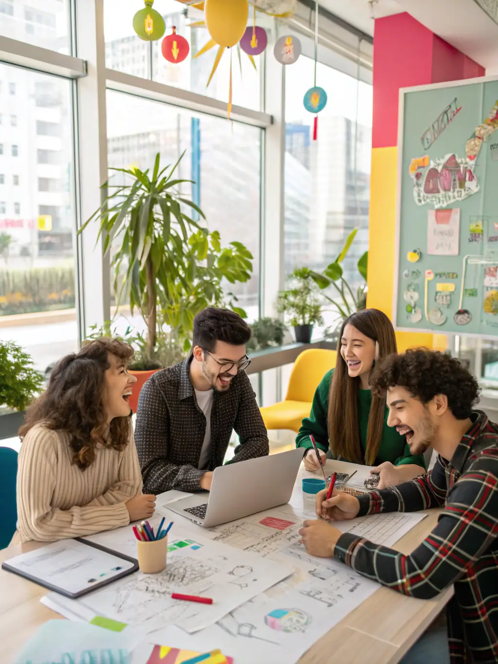 A dynamic image of a group of entrepreneurs brainstorming ideas in a modern, collaborative workspace, emphasizing the spirit of innovation and startup culture in the science and tech fields.